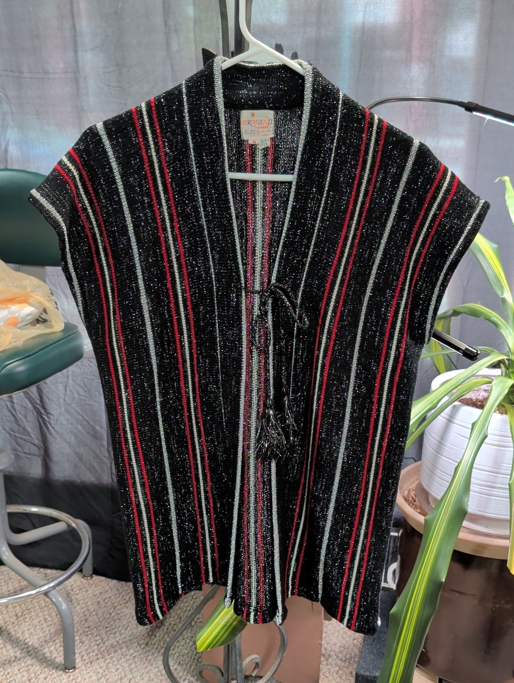 Vtg. 70s Black Striped Knit Tie Front Vest with Red/Black and Metallic Accents